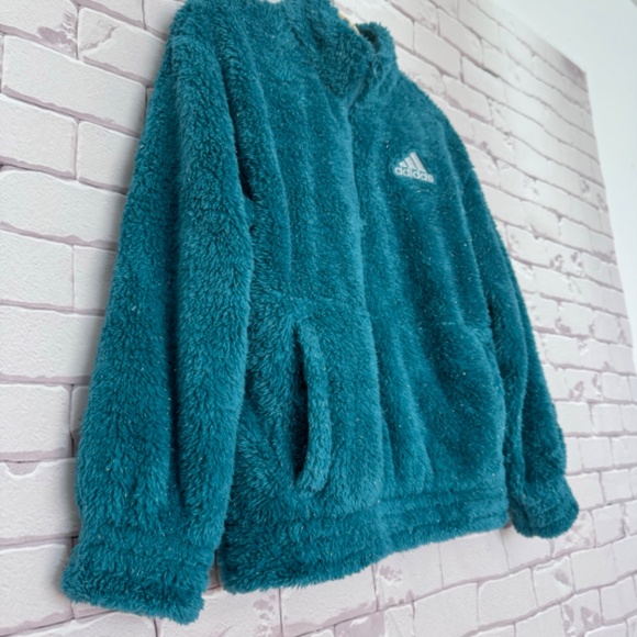Adidas Girls TURQ‎ Quarter-Zip Sparkle Fuzzy Holiday Jacket Medium 10-12 NWT - Picture 2 of 11